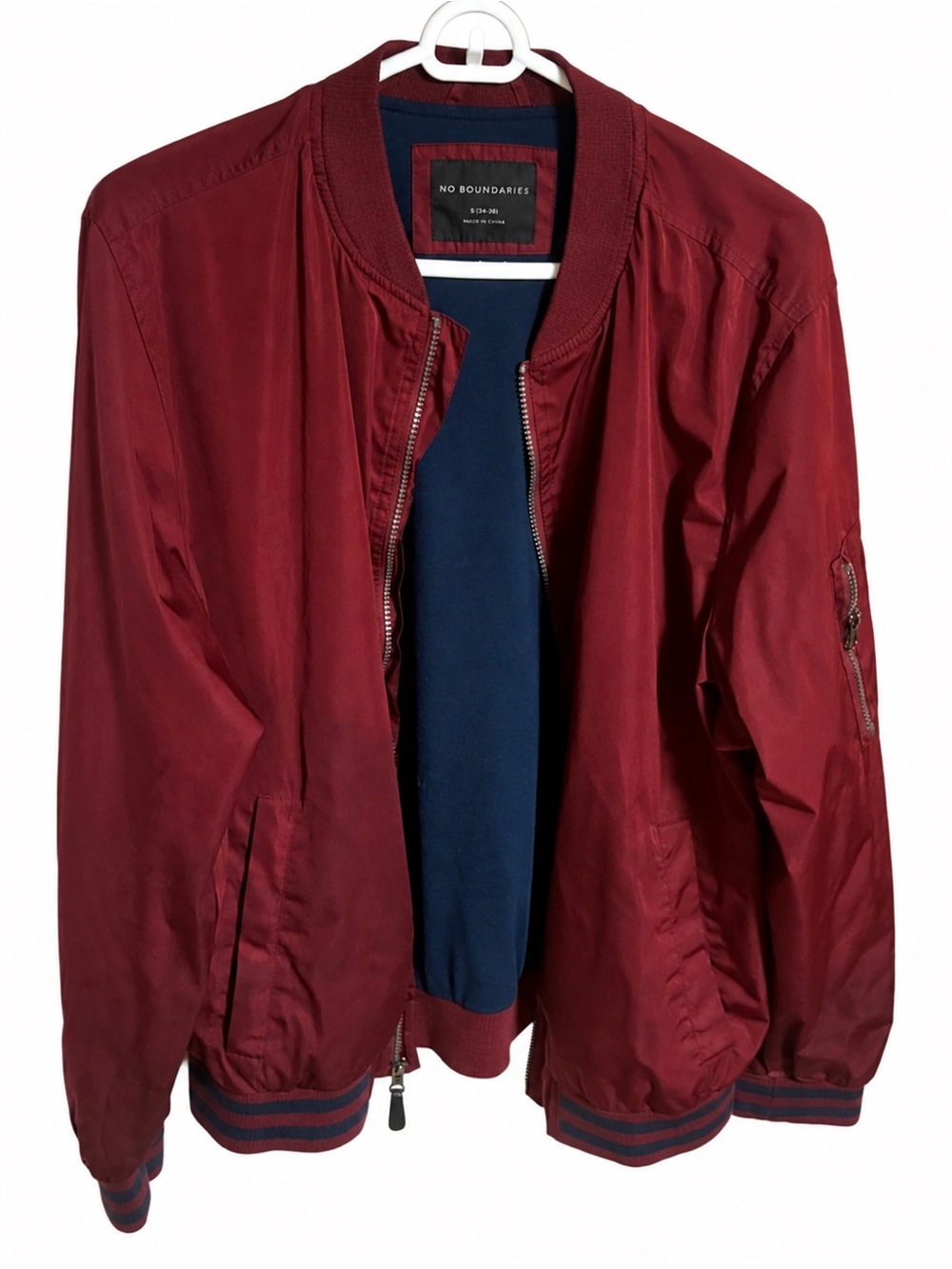 No Boundaries Men's Red Bomber Jacket with Navy Liner